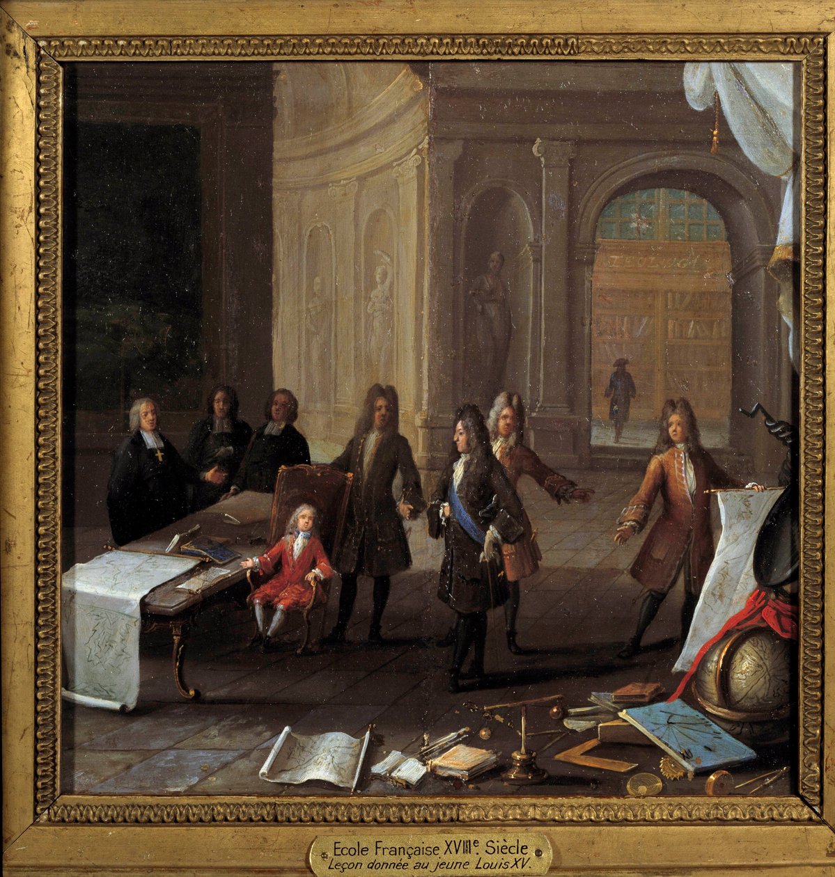 枢機卿フルーリーと摂政オルレアン公フィリップ2世（1674-1723）の前でルコンを受け取る国王ルイ15世（1710-1774）の子供 18世紀の無名の絵画、銅に油彩 Dim.0.23 x 0.23 m パリ、カルナヴァレ美術館 - 教職の気の場面 作： フランス語学校