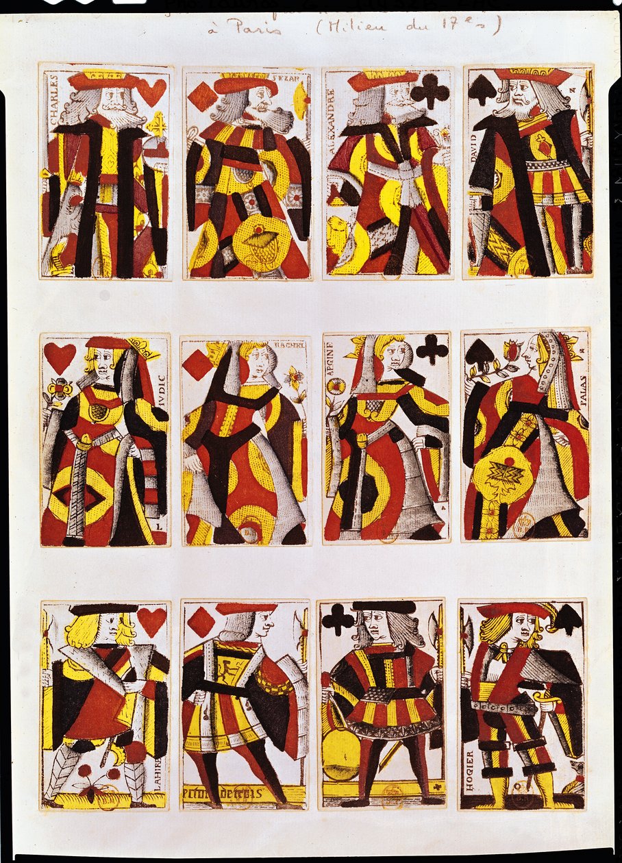 キング、クイーン、ジャックのトランプ（色の木版画）