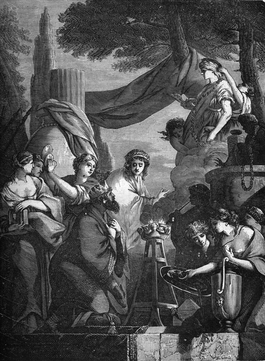 ソロモン王（紀元前10世紀）が側室たちに囲まれている様子。古代から現代までの世界のあらゆる民族における売春と放蕩の歴史」に掲載されている版画で、Dr. Th.-F.Debrayによる「古代から現代までの世界のあらゆる民族における売春と放蕩の歴史」に掲載されている。1879. 作： フランス語学校