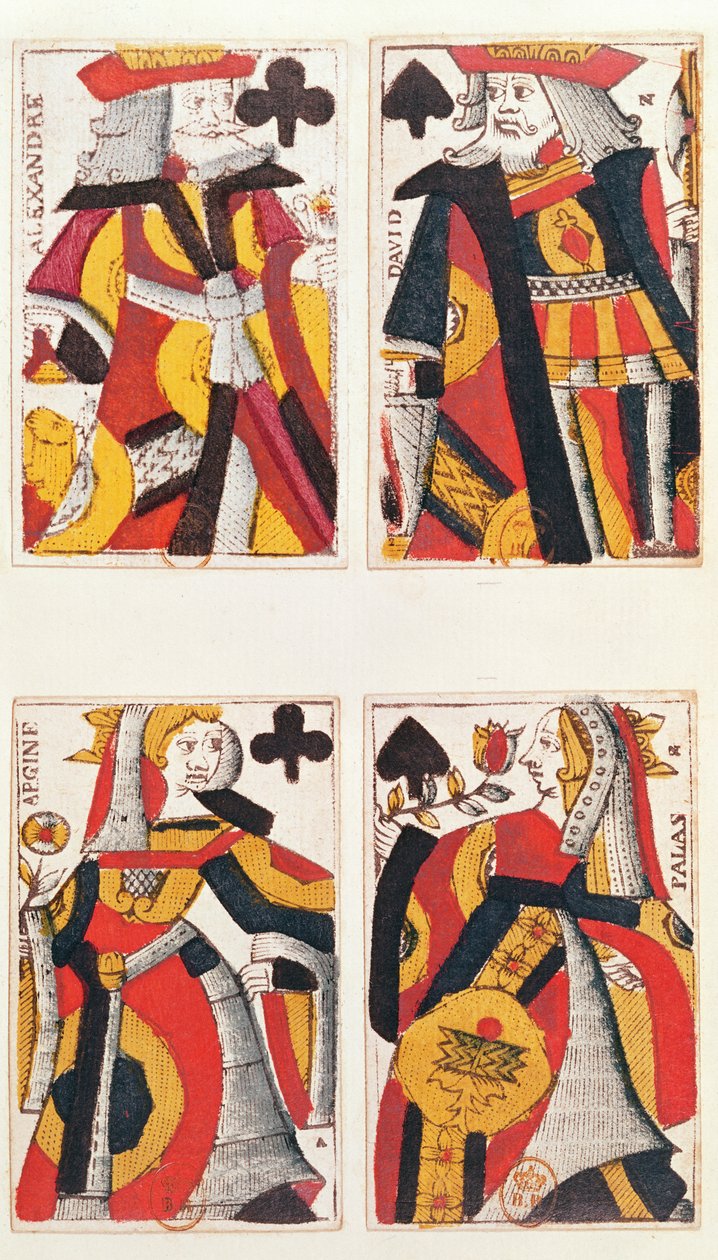 キングとクイーンのトランプ（色の木版画）