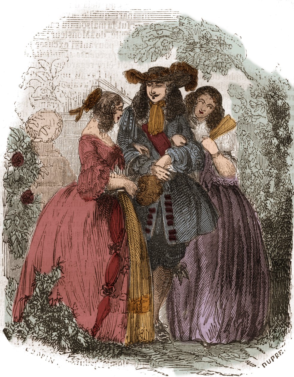 フランス王ルイ14世（1638-1715）とオルタンス・マンシーニ（1646-1699）とその妹マリー・マンシーニ（1639-1715）。マザランの姪たち。19世紀のエングレーヴィング。 作： フランス語学校