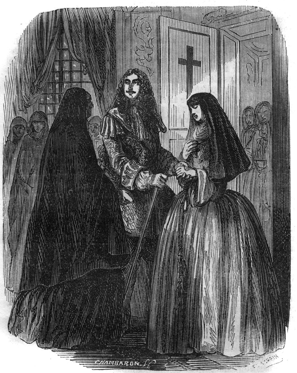 フランス王ルイ14世（1638-1715）とルイーズ・フランソワーズ・ド・ラ・ヴァリエール（1644 - 1710）。19世紀のエングレーヴィング。 作： フランス語学校