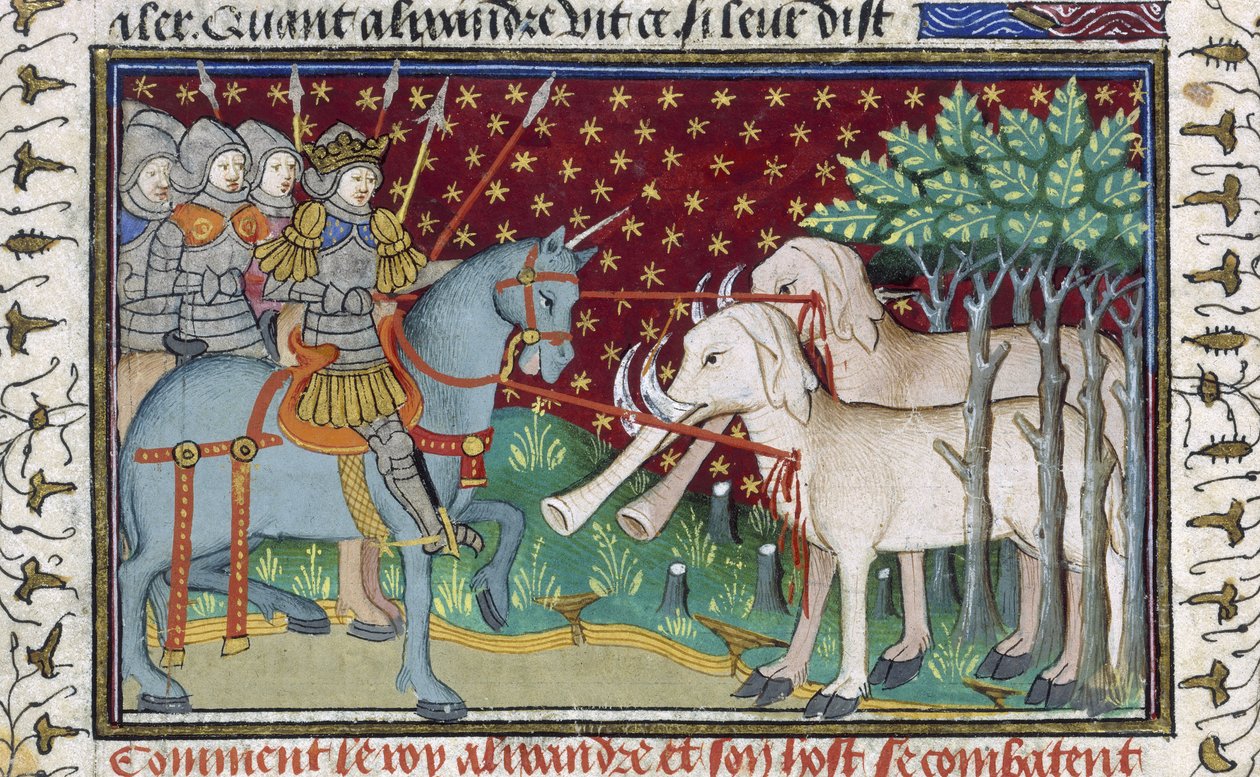 「シュルーズベリー・タルボット・ブック・オブ・ロマンス」からの象を攻撃する騎士、1445年頃（ベラム） 作： フランス語学校