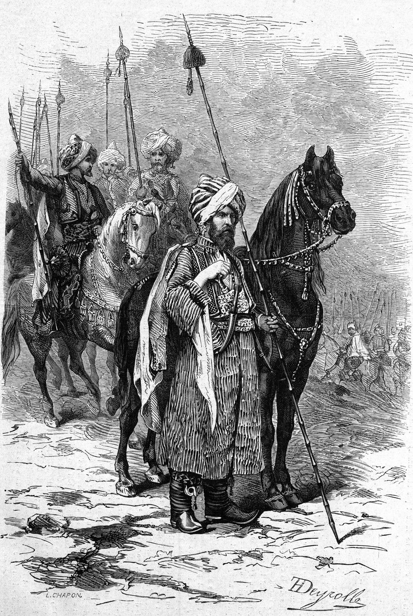 トルコ・ロシア戦争（露土戦争）とも呼ばれる東部戦争（1875-1878）の1877年のクルド人兵士。6月30日付「Le Monde Illustré」n°1055に掲載された版画 作： フランス語学校