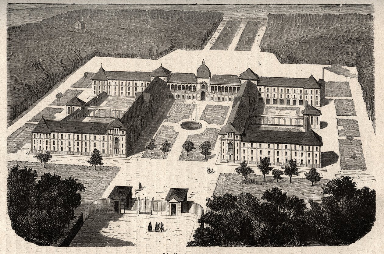 イブリン地方のヴェシネ王立病院（Hopital actuel du Vesinet） - 「PATILE」のエングレーヴィング - DESCRIPTION PECTURERIQUE DE LA FRANCE EN 6 VOLUES BY LUCIEN HUARD - 19世紀末 作： フランス語学校