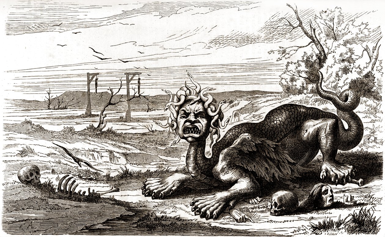 ラ・フロンド（1648-1653）：蛇の毛を持つ怪物的な動物で、人間の死体や骸骨の上に立っている。 作： フランス語学校