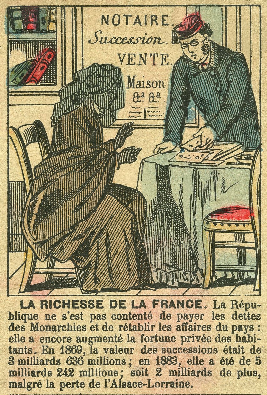 フランス人の個人的な豊かさに対する第三共和制の恩恵を示す「La Riche de la France」。1889年3月30日、パリの「ル・フィガロ」紙に掲載された版画。 作： フランス語学校