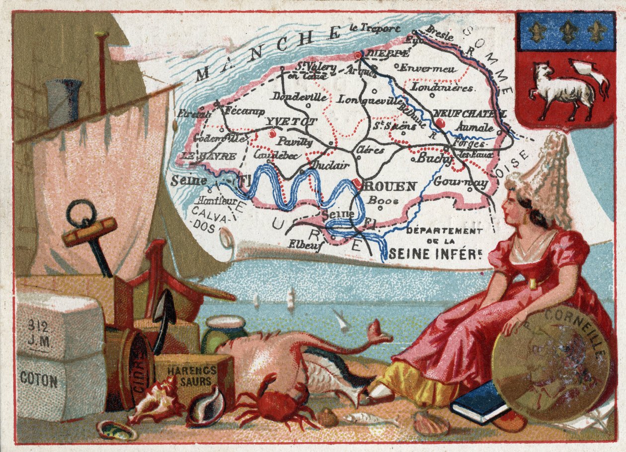 La Seine Inferieure, now Seine Maritime (76), Haute Normandy (Haute-Normandie), France.特産品：綿花、サイダー、ニシンの酢漬け。フランスの劇作家Pierre Corneille (1606-1684)の肖像。フランスの各県を紹介するシリーズ。クロモリトグラフィー（Chrom 作： フランス語学校