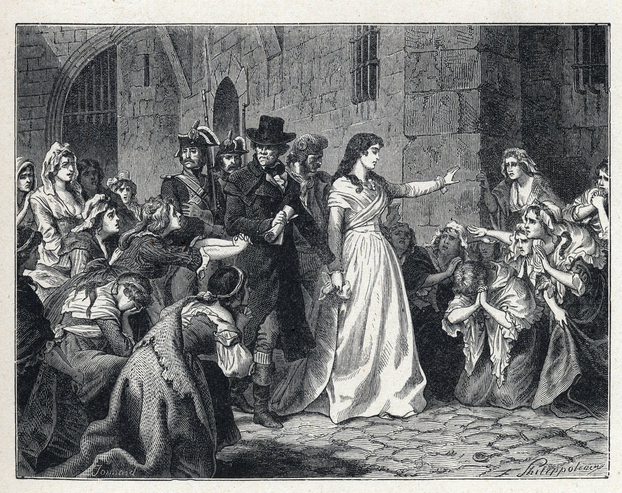 フランス革命時のラ・テレール。マダム・ジャンヌ・マリー・ロラン・ド・ラ・プラティエール（1754-1793）は、1793年に革命裁判所に出頭するためにコンシェルジュ監獄を出る。その行く手に跪く彼のコデットたち。 作： フランス語学校