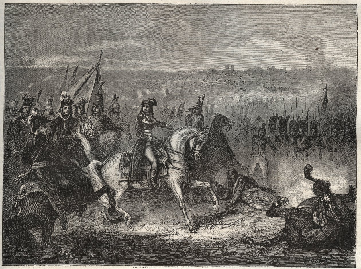 La battle de Lonato - NAPOLEON AT LONATO - CASTIGLIONEの第2の戦いとも呼ばれる：イタリア遠征において、ナポレオンはウルムザー率いるオーストリア軍を破り、マントヴァに退却させた。1796年8月3日 - モーリス・ラ・シャールによる新国民百科事典 作： フランス語学校
