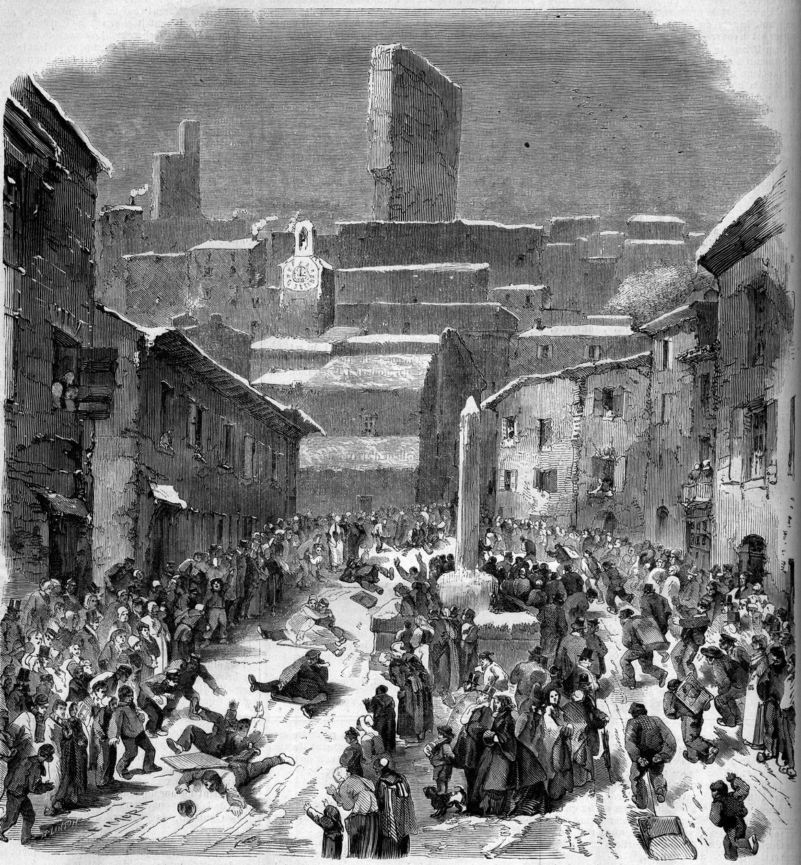 La glissade en barriots (sledding) à Bourdeaux, Drome (26), winter 1860.1860年2月18日付「Le Monde Illustré」149号に掲載されたエングレーヴィング。 作： フランス語学校