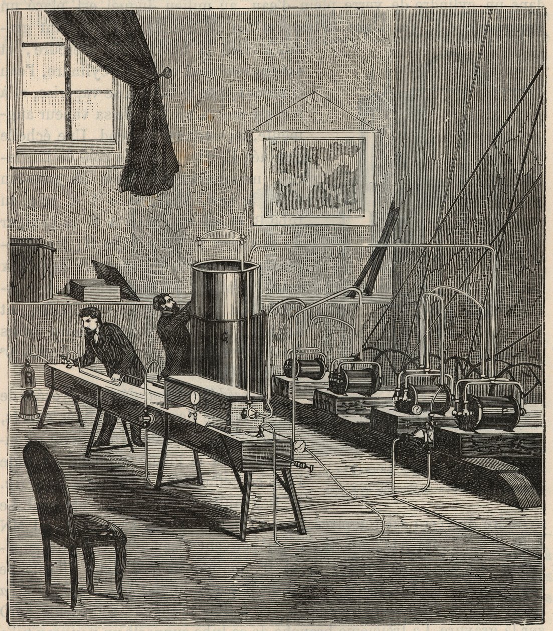 La liquefaction des gaz dans le laboratoire de Raoul Pictet (1878) - Raoul Pierre Pictet (1846-1929) スイスの物理学者で、水素ガスを液化・固化させる実験を行い、低温での物質の性質を研究した - 「Scie」誌に掲載された版画 作： フランス語学校