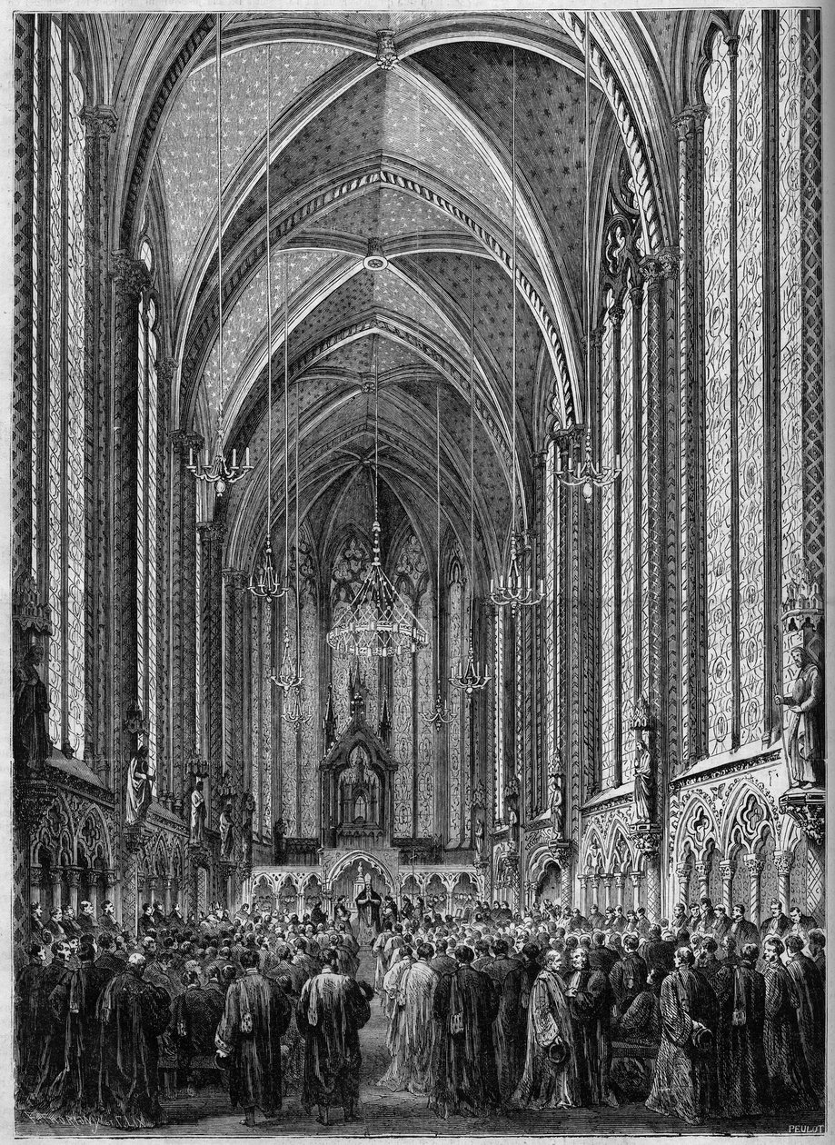 1863年11月3日、パリのサント・シャペルで行われた聖霊のミサは、奉職者の復帰の際に行われました。1863年11月7日付の「Le Monde Illustre」343号に掲載された図版。 作： フランス語学校