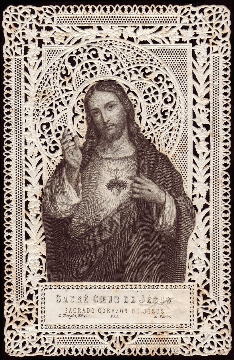 19世紀のイエスの聖心を描いたレースカード（bw litho） 作： フランス語学校
