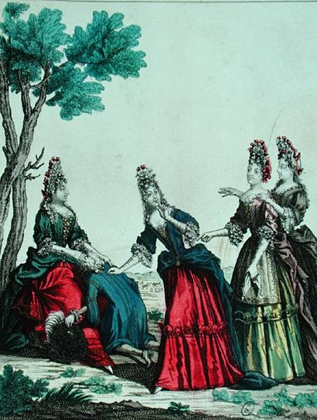 紳士と推理ゲームをする女性たち 17世紀後半（彩色彫刻） 作： フランス語学校