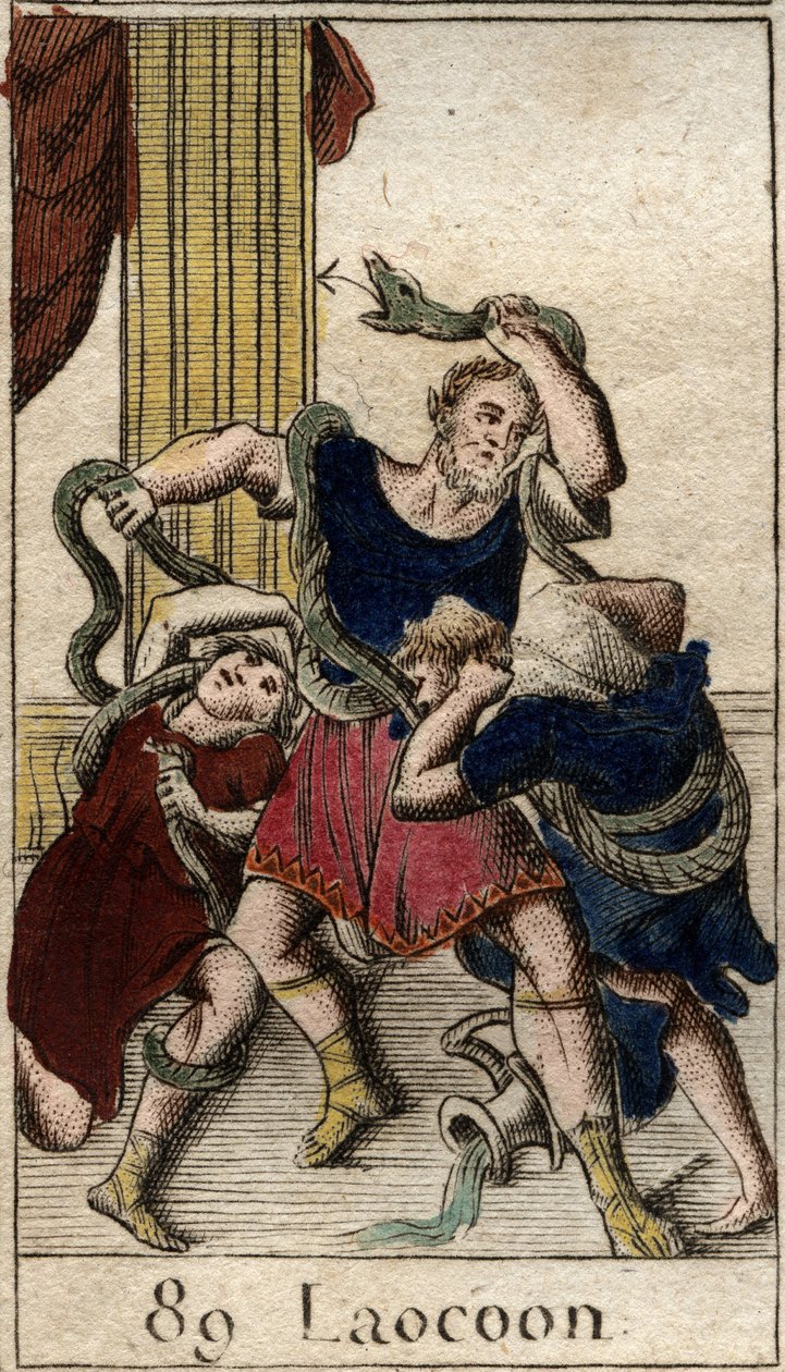 Laokoon. Minerva unterstützt die Griechen und schickt die Seeschlangen, um Laokoon anzugreifen, der die Bewohner von Troja vor dem Pferd warnt. Die Schlangen griffen seine beiden Söhne an und töteten sie, dann griffen sie Laokoon an. von French School