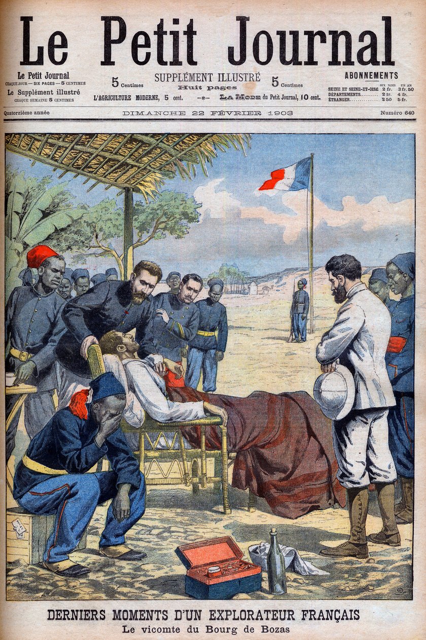 フランスの探検家Viscount Pierre Marie Robert Du Bourg de Bozas (1871-1903)の熱帯アフリカのBourg de Bozaでの最後の瞬間 "Le Petit Journal" february 22 作： フランス語学校