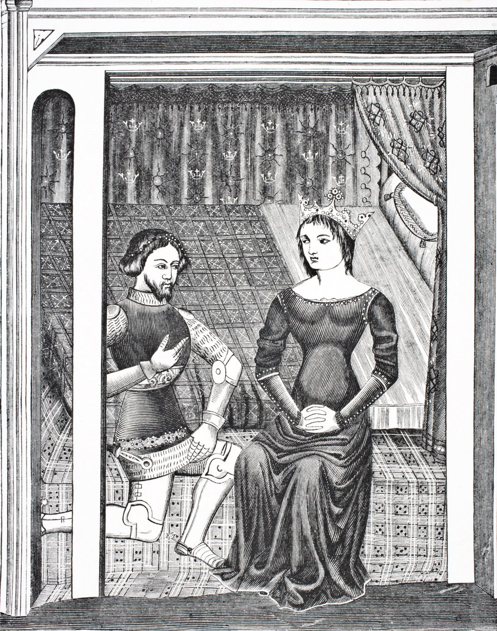 Launcelot ja Guinevere 1300-luvun käsikirjoituksen pienoismallin jälkeen Paul Lacroix -pubin Science and Literature in The Middle Ages -julkaisusta. Lontoo 1878 作： フランス語学校