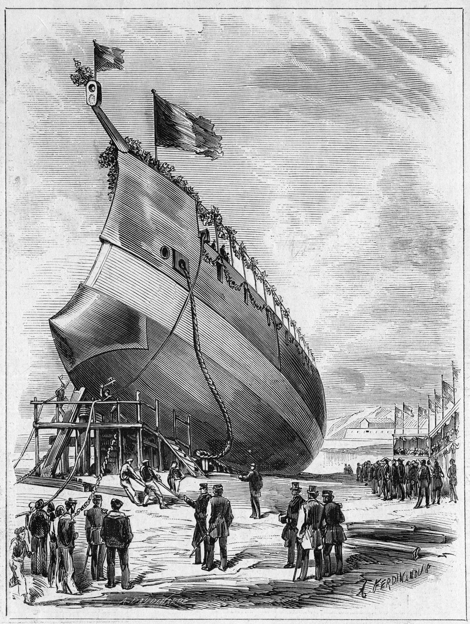 1872年5月7日、フィニステール県ブレスト港での装甲艦「ラ・ガリソニエール」の進水式（29）。1872年5月25日付 "Le Monde Illustré "789号に掲載されたエングレーヴィング。 作： フランス語学校
