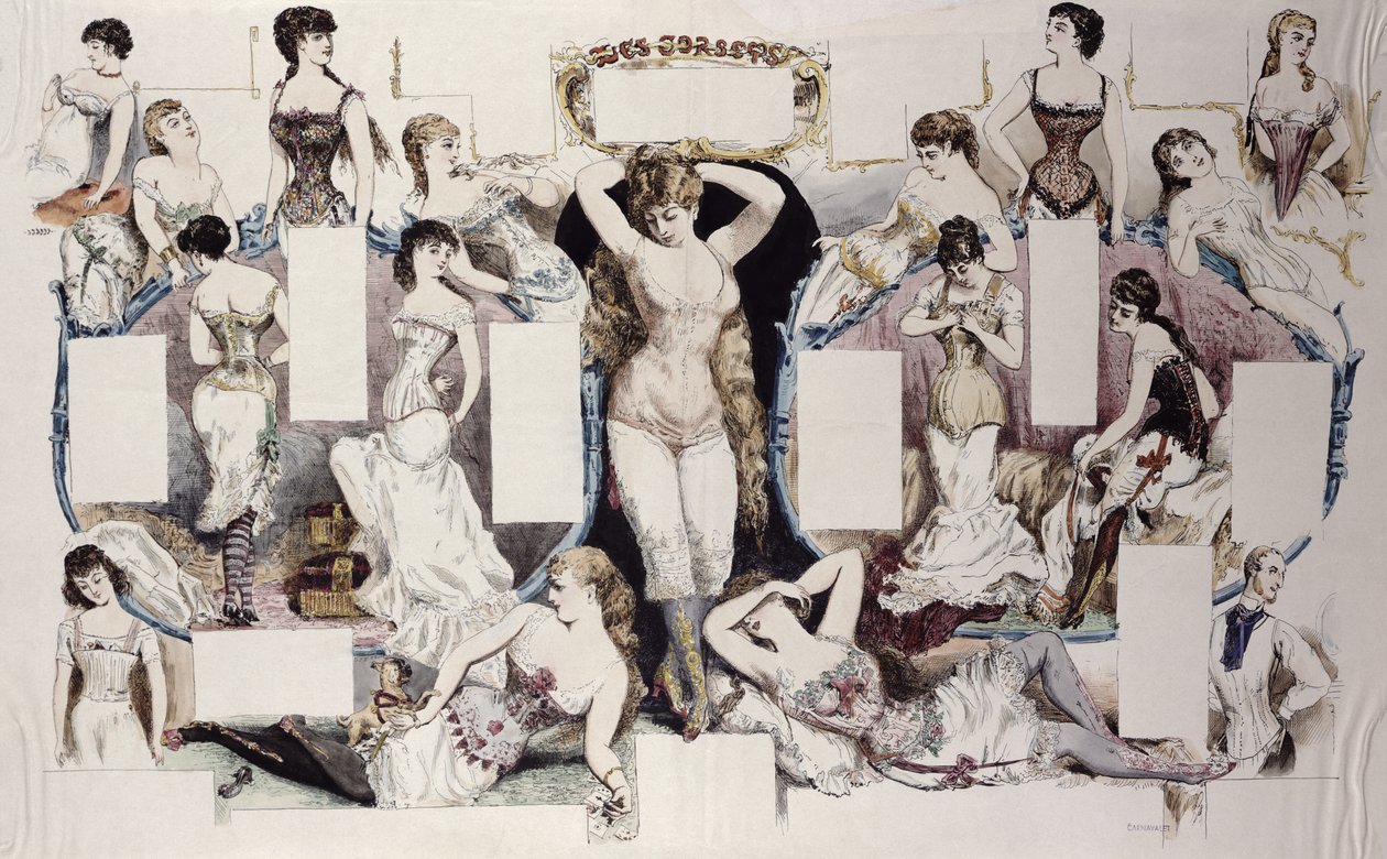 La Vie Parisienneの女性の下着に関する記事のレイアウトイラスト、c.1870 作： フランス語学校