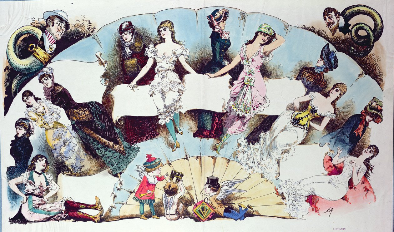 La Vie Parisienneの女性の下着に関する記事のレイアウトイラスト、c.1870 作： フランス語学校