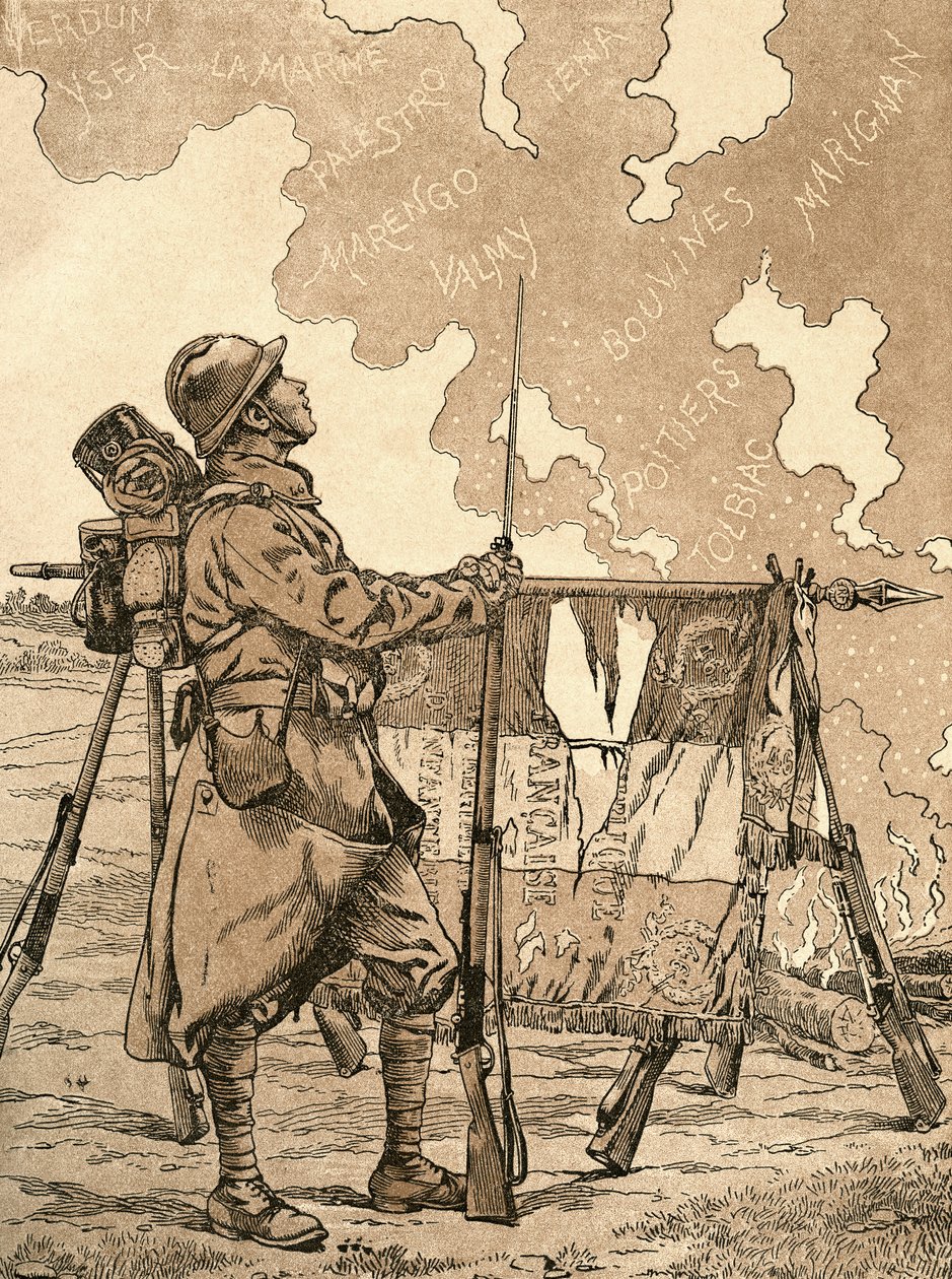 ル・ブルーエ。 第一次世界大戦の退役軍人と犠牲者のための、フランスの記憶と連帯の象徴。 第一次世界大戦のフランスのプロパガンダのイラストで、時代を超えたフランスの勝利を連想させます。 1917年に発行されたBuvard du Bon Marcheのアジェンダより。 作： フランス語学校