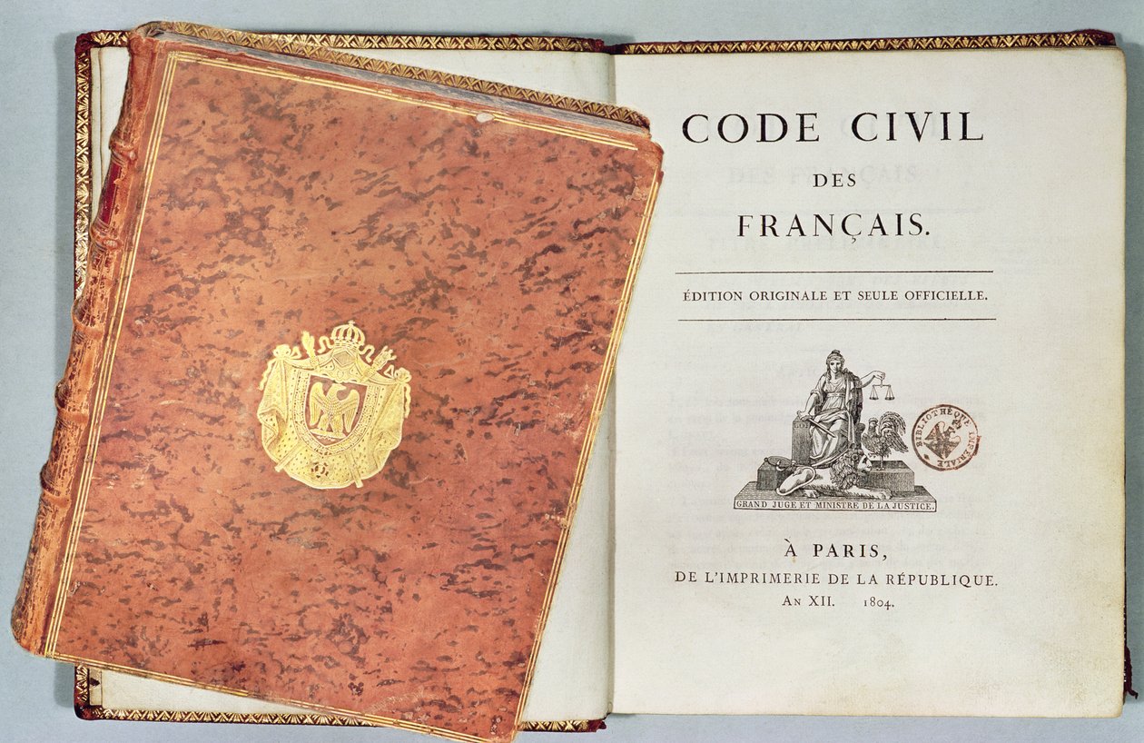 Le Code Civil des Francais、拘束力のあるタイトルページを表示する、初版のパブ。 1804 作： フランス語学校