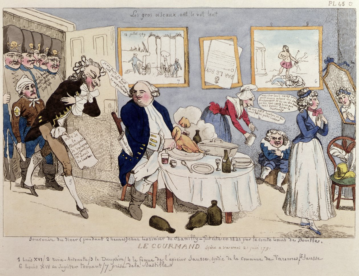1791年6月21日、ヴァレンヌで逮捕されたルイ16世（1754-93）とフランス王室の風刺画、ルグルマン 作： フランス語学校