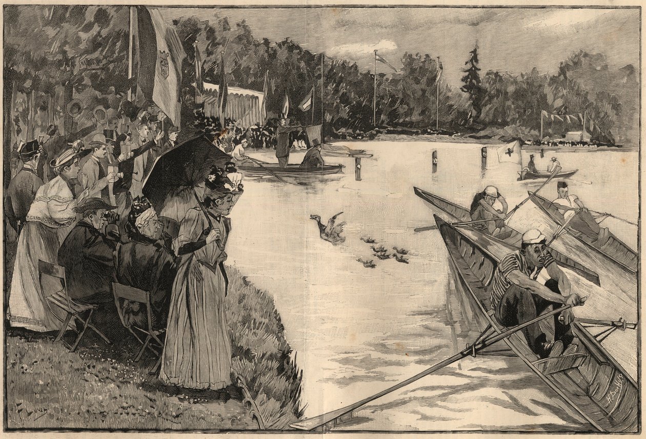 Le Lendit de Paris: school regates at grand lac du bois de Boulogne - Lunel氏のデッサンに基づく1894年のエングレーヴィング。 作： フランス語学校