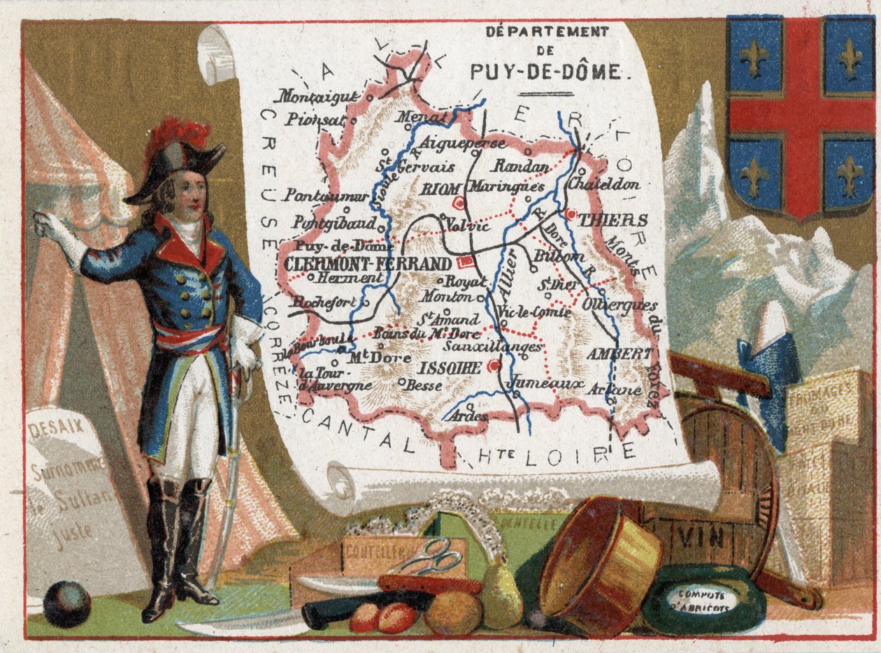 Le Puy-de-Dôme (63), Auvergne, Frankreich. Porträt von Louis Charles Antoine Desaix (1768-1800), Besteck, Wein, Aprikosenkompott. Serie über die französischen Departements. Chromolithographie „der geografische Faden“, um 1920. Private Sammlung. von French School