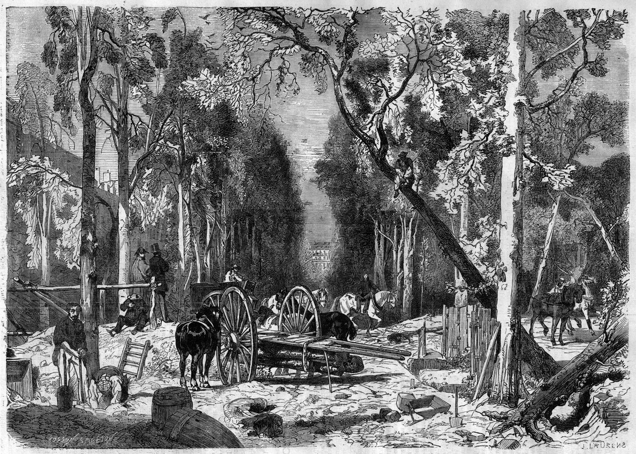 1870年、パリのリュクサンブール公園にあるLe bucheron - 1870年のエングレーヴィング 作： フランス語学校