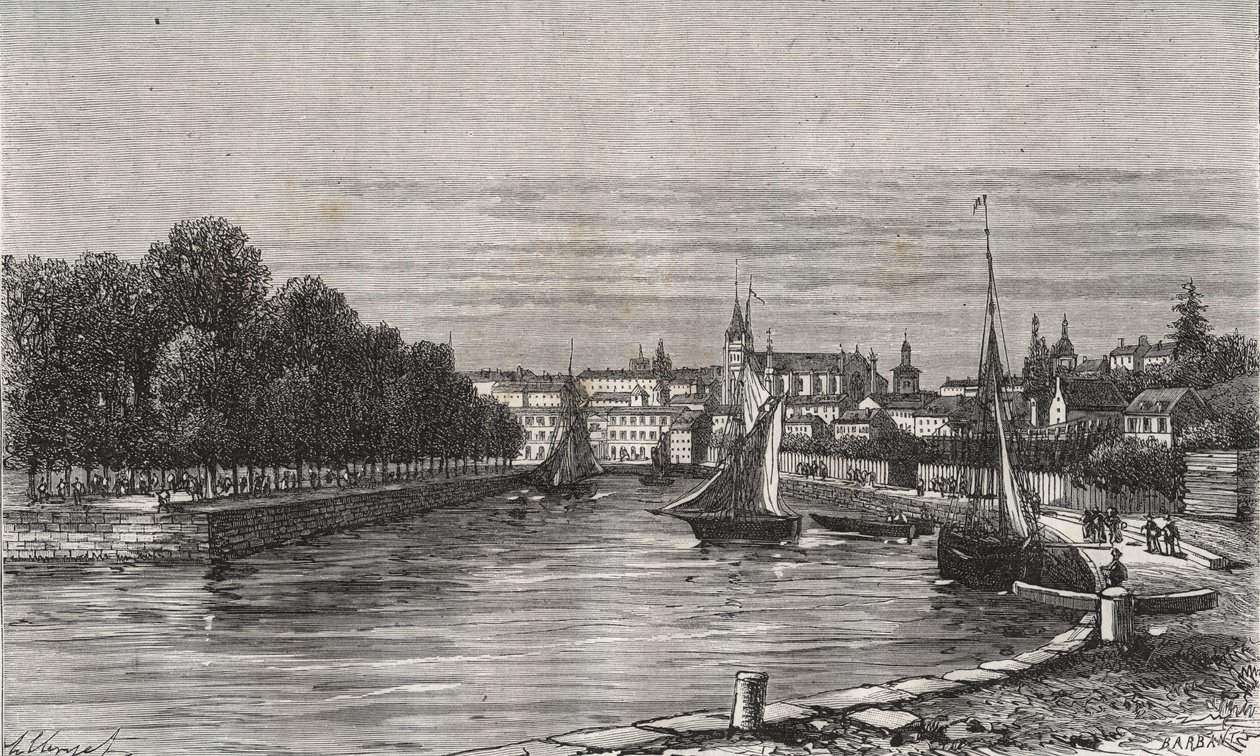 Le port de Vannes (Morbihan, France)// バンヌの港 (Morbihan, France) - V.-A.の "La France illustree: geographie, histoire, administration statistique "に掲載された彫刻。Malt-Brownによる "La France illustree: geographie, histoire, administration statistique "の版画。1884 作： フランス語学校
