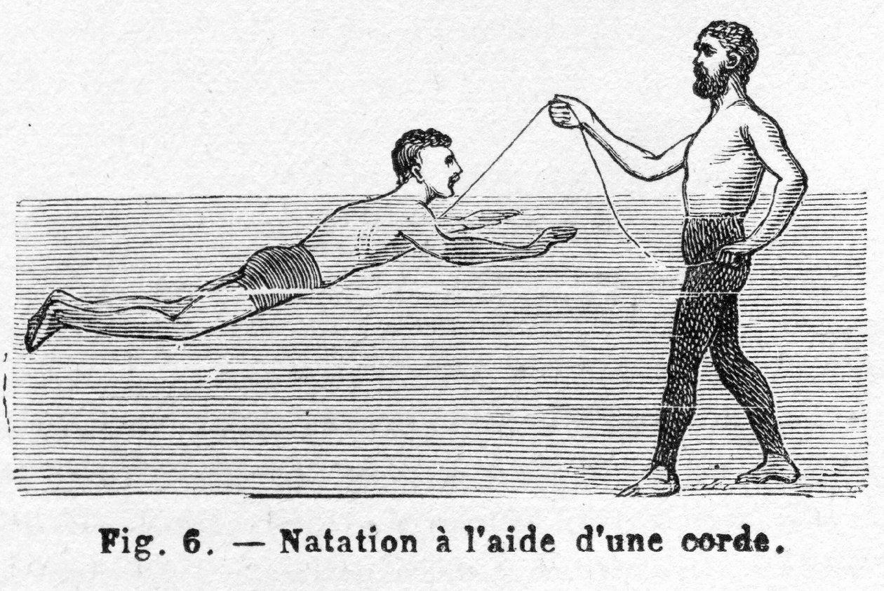 コード、パブを使用して泳ぐことを学ぶ. 1885 年の彫刻、1885 年。 作： フランス語学校