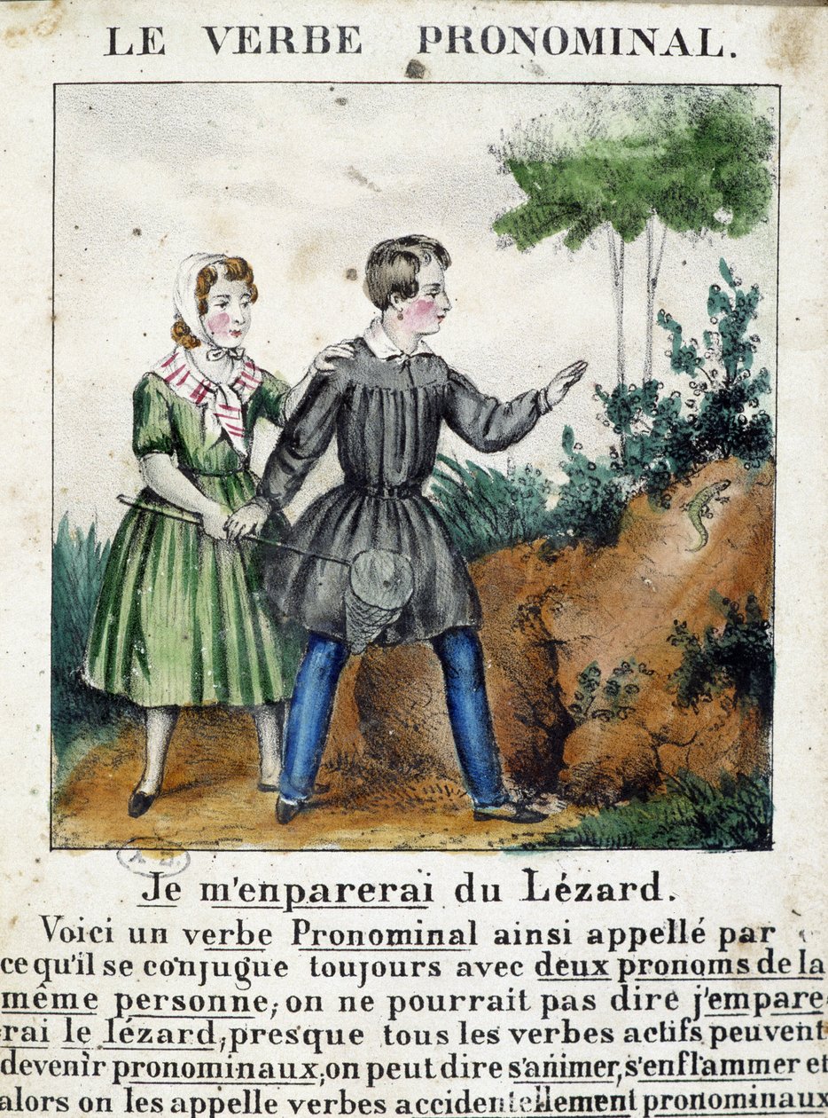 ルコンの代名動詞について。La grammaire en images", リーフレット・アルバム, 1850年頃に収録。 作： フランス語学校