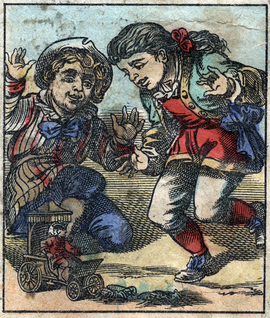 ブロブディンナグの巨人族の子供たちにおもちゃにされるレミュエル・ガリバー（Lemuel Gulliver）。ジョナサン・スウィフト（1667-1745）の『ガリバー旅行記』の挿絵。エピナル画像 19世紀後半 作： フランス語学校