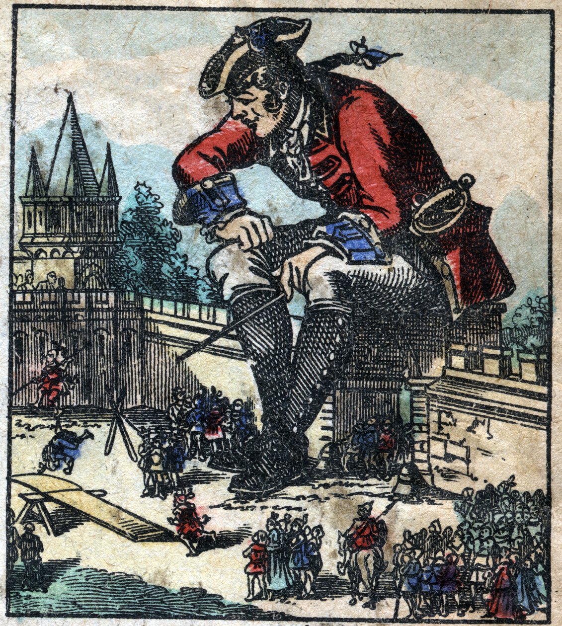 街の要塞の壁に座ってリリパット軍に作戦を説明するレミュエル・ガリヴァー（Lemuel Gulliver）。ジョナサン・スウィフト（1667-1745）の『ガリバー旅行記』の挿絵。エピナル画像 19世紀後半 作： フランス語学校