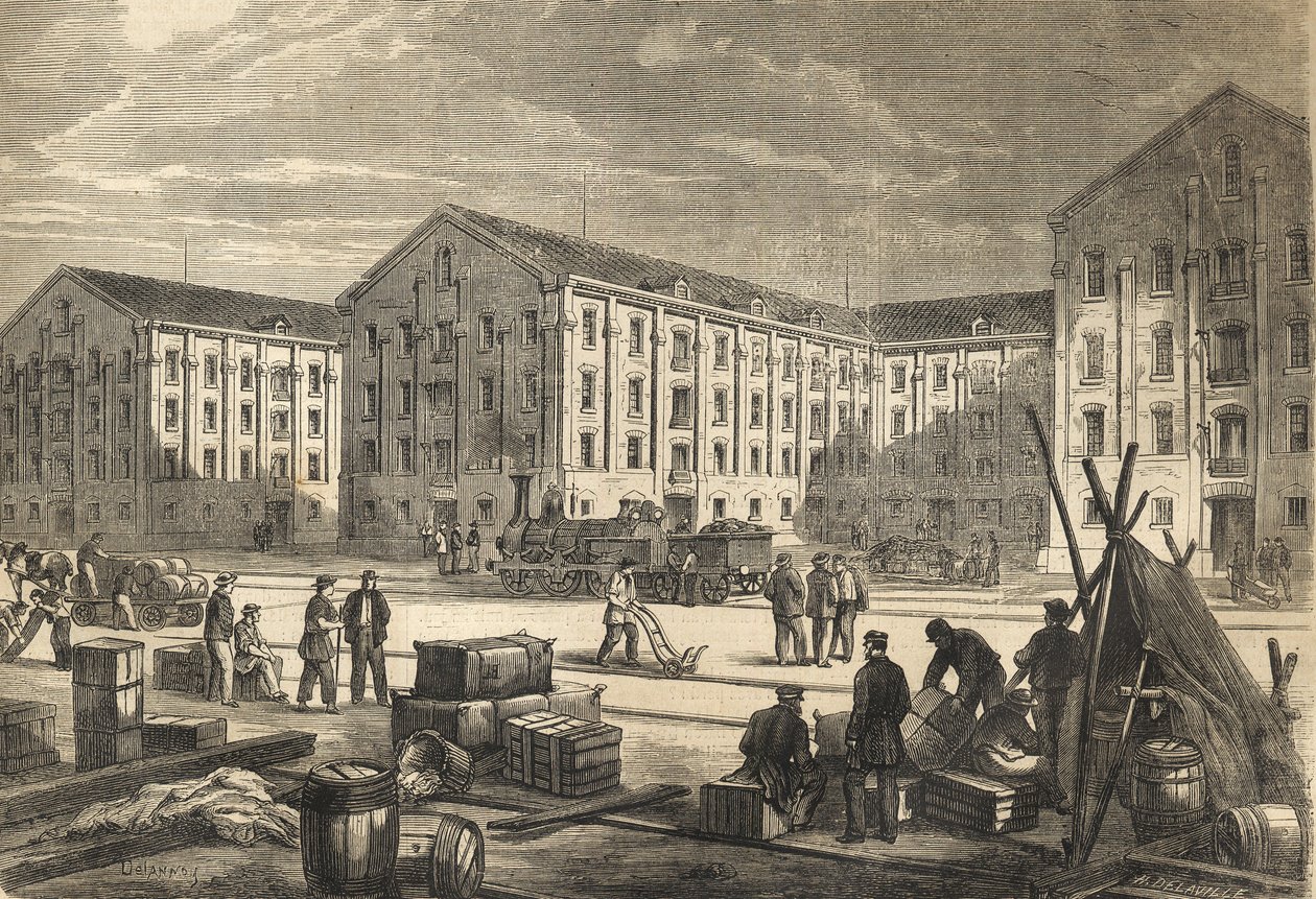 Les docks de Rouen en 1866 - 1866年のルーアンの波止場 - エングレーヴィング 作： フランス語学校