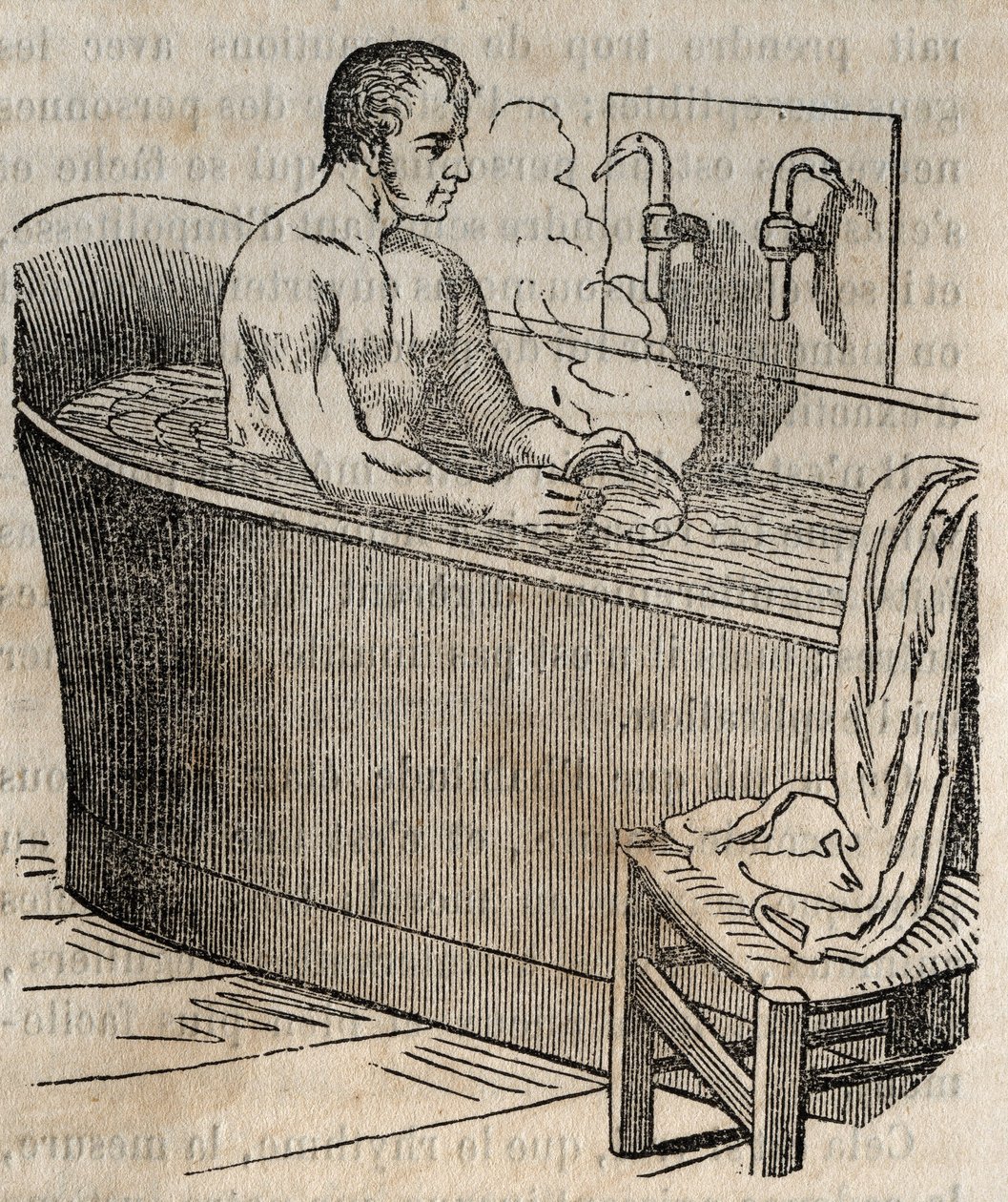 Les gestures du bain - 19世紀の衛生学 - バスタブの中の男性 - 1852年の "La Sante Universelle - Guide Medical des Familles "のエングレービング 作： フランス語学校