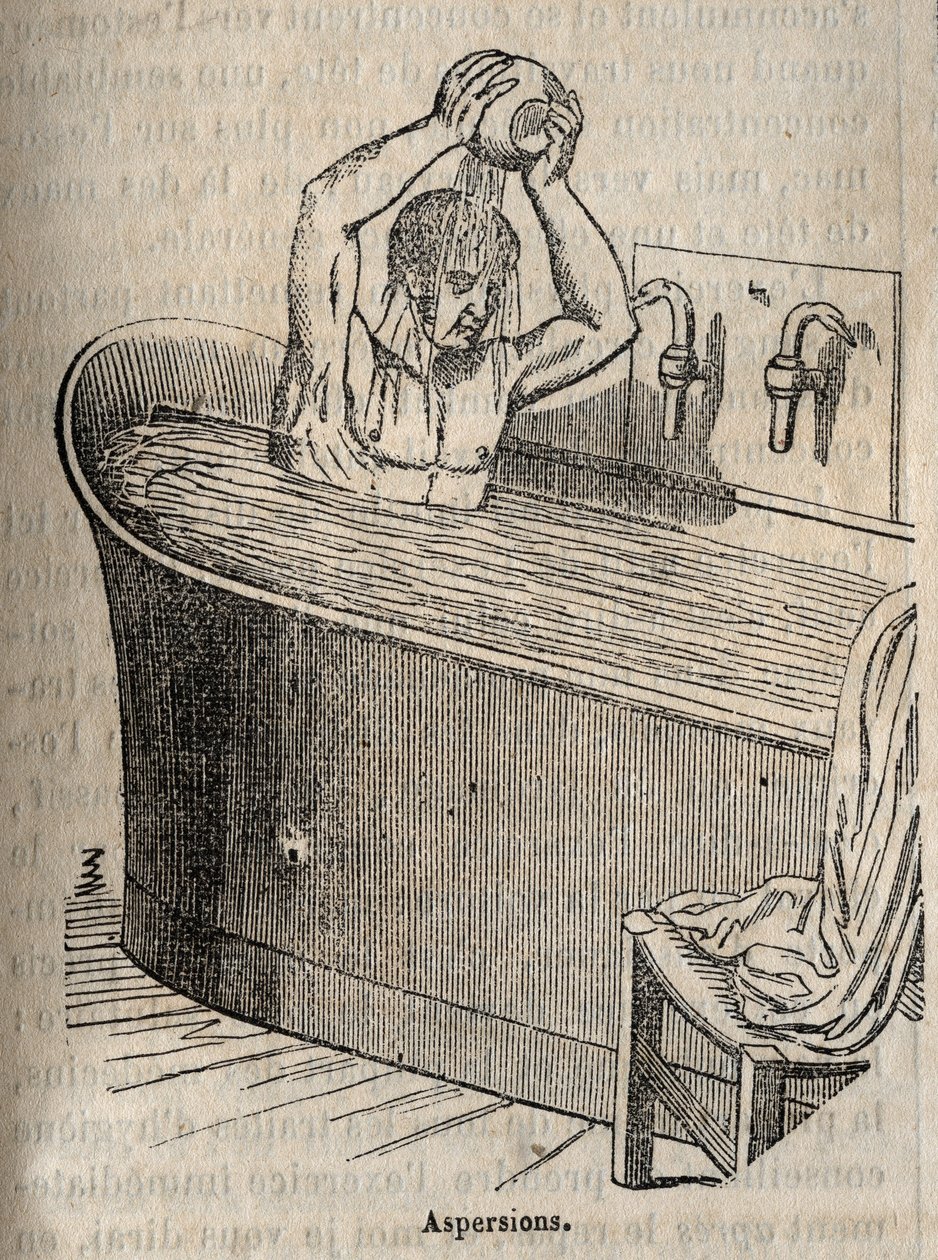 Les gestures du bain - 19世紀の衛生学 - バスタブの中の男性 - 1852年の "La Sante Universelle - Guide Medical des Familles "のエングレービング 作： フランス語学校