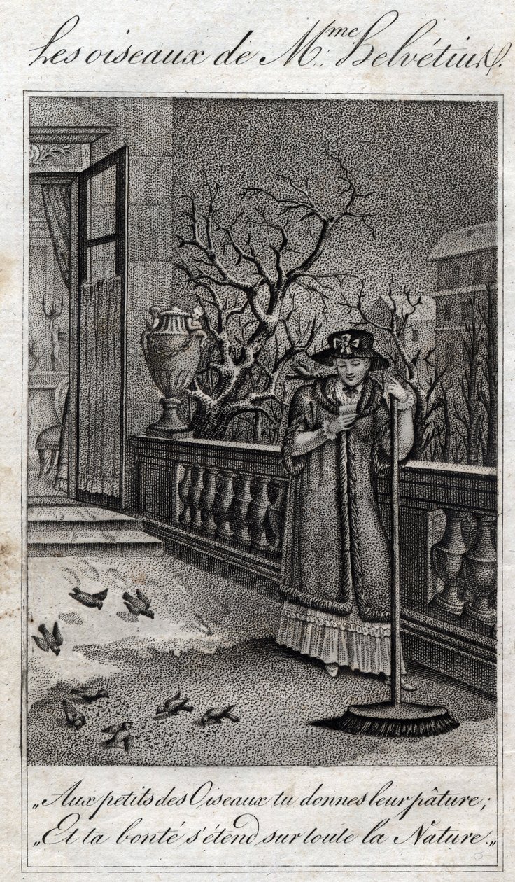 Jean Nicolas Bouilly (1763-1842)の "Conseils a ma fille "に登場するLes oiseaux de Madame Helvetius (Anne Catherine Helvetius)。1820.個人蔵。 作： フランス語学校