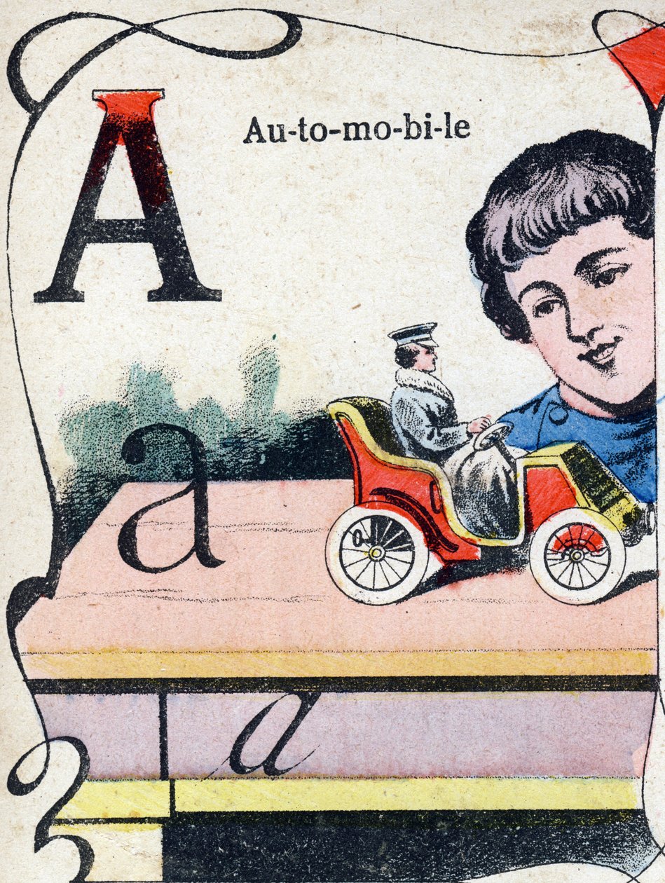 Letter A Automobile.ABC des joux pour petits boys "のエングレーヴィング。ポン・ア・ムソンの画像化、Louis Vagne、印刷・出版業者、19世紀後半。寸法：32,5x25 cm 作： フランス語学校