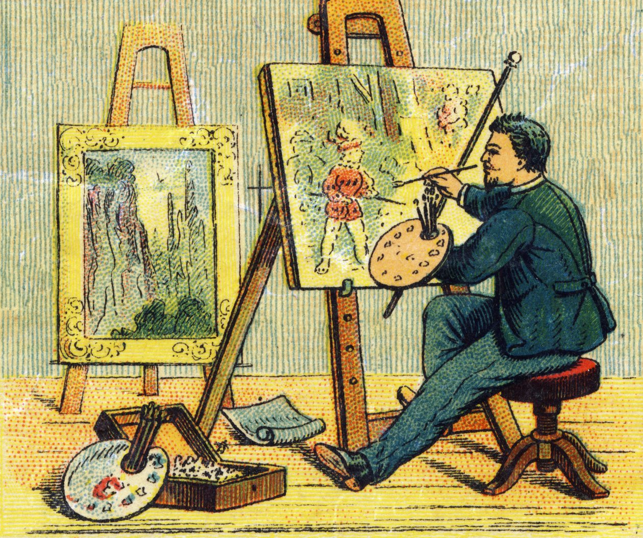 レターA：アトリエにいる画家。ABC indechirable on varnished canvas "のエングレーヴィング。A.カペンドゥ、編集者、パリ、19世紀後半。子供の本屋さんのイラスト入り。8ページ。ディム：21,5x18cm 。 作： フランス語学校