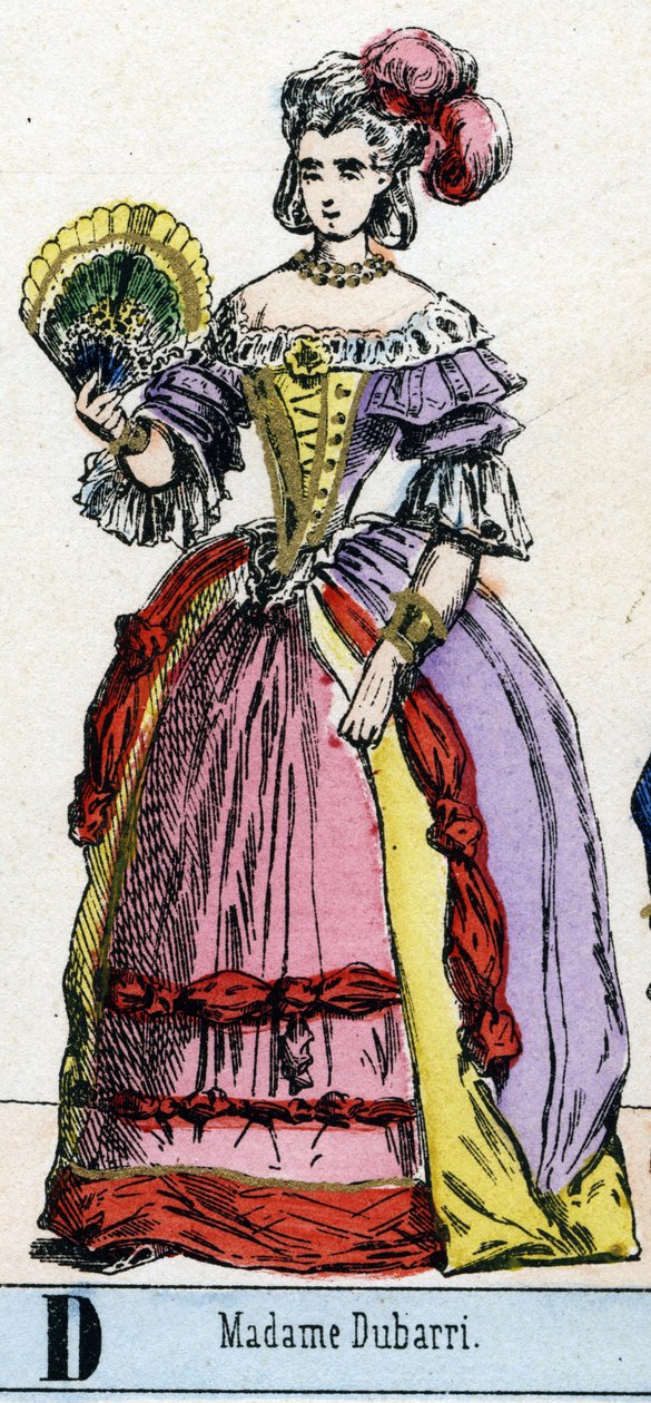 Buchstabe D wie Frau Dubarri. Porträt von Jeanne Becu, genannt de Cantigny, Gräfin du Barry (1743-1793), Favoritin von Ludwig XV., König von Frankreich. Abecedarium des Theatralmuseums. Bild von Epinal, um 1830. von French School