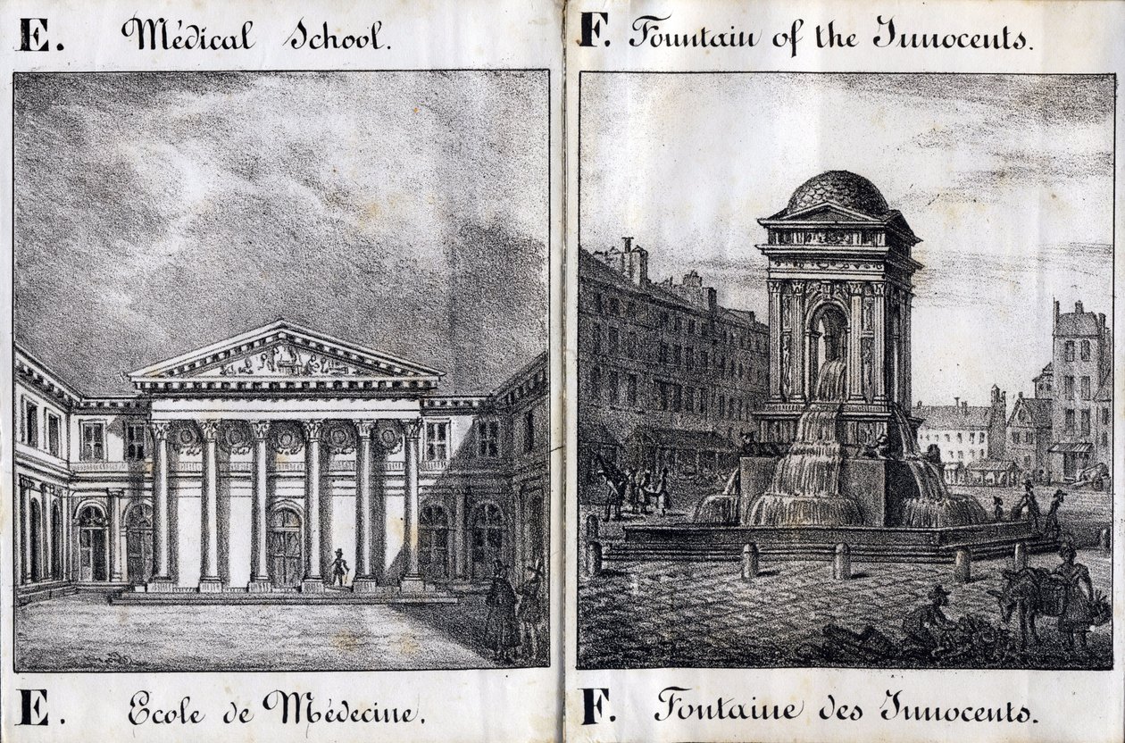 Letter E and F: School of Medicine and Fountain of the Innocents - "Alphabet Picturesque des Monumens de Paris" c.1840 (grenaving) 作： フランス語学校