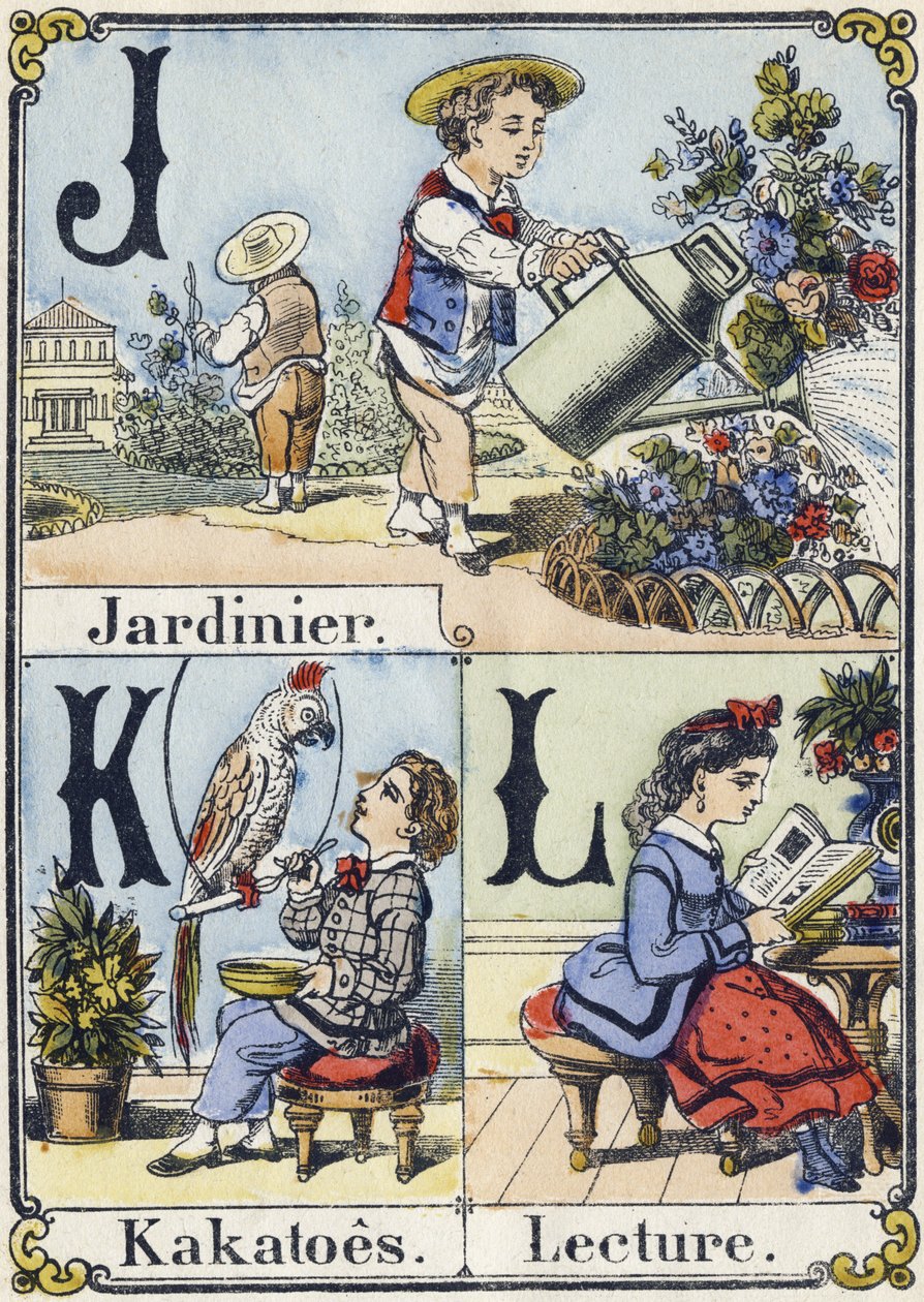Letter J, K, L: gardener, kakatoes, reading.再現性のあるアルファベット。エピナル・イメージング。1880年頃のステンシルされた木版画。16ページの小さなブックレット 作： フランス語学校