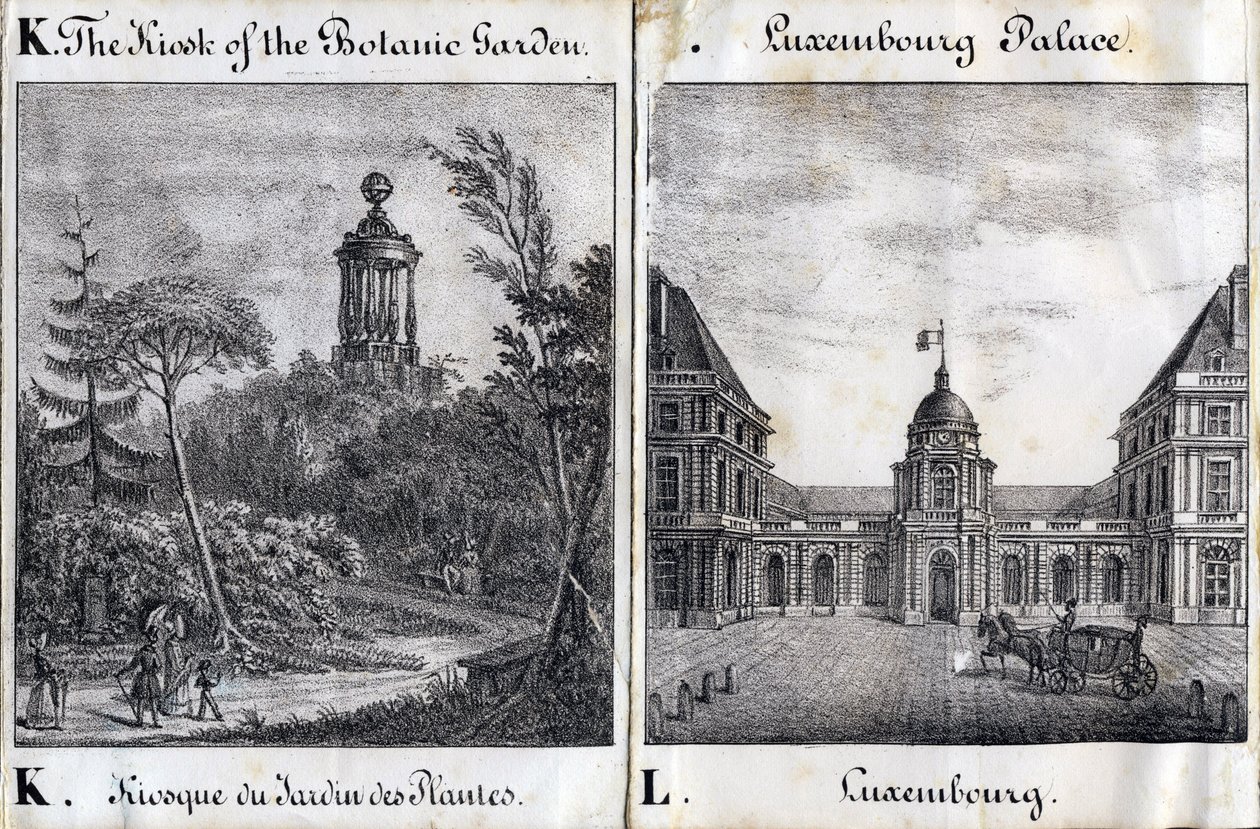 Letter K Kiosk of Jardin des Plantes and L Palais du Luxembourg - "Alphabet Picturesque des Monumens de Paris" c.1840 (in engraving) 作： フランス語学校