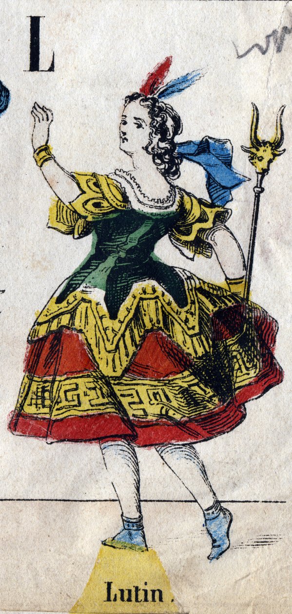 Letter L: Leprechaun.アルファベットマスカレード "の刻印。エピナルの新しいイメージング。印刷-リトグラフ Pinot et Sagaire, editors, Epinal, second of the 19th century .プレートNá 491には25個のイルミネーション付きの文字が描かれています。寸法：40,5x28cm 作： フランス語学校