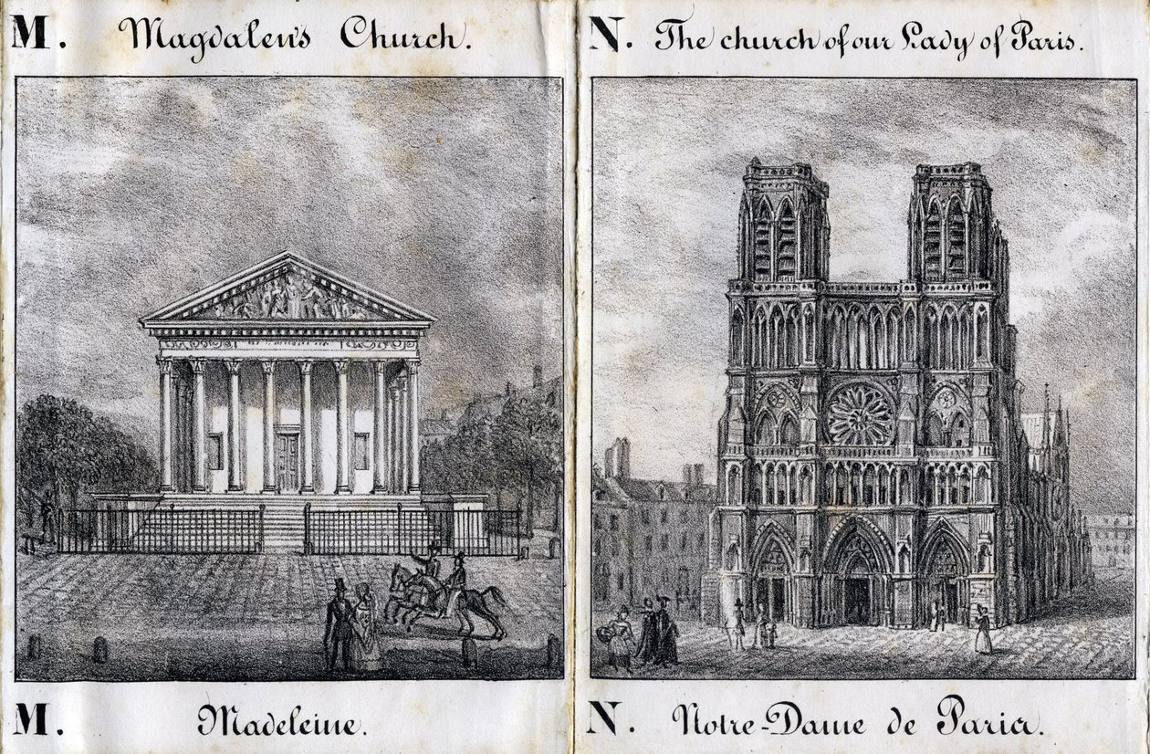 Letter M Madeleine and N Notre-Dame de Paris (Notre Dame de Paris) - "Alphabet Picturesque des Monumens de Paris" c.1840 (carving) 作： フランス語学校