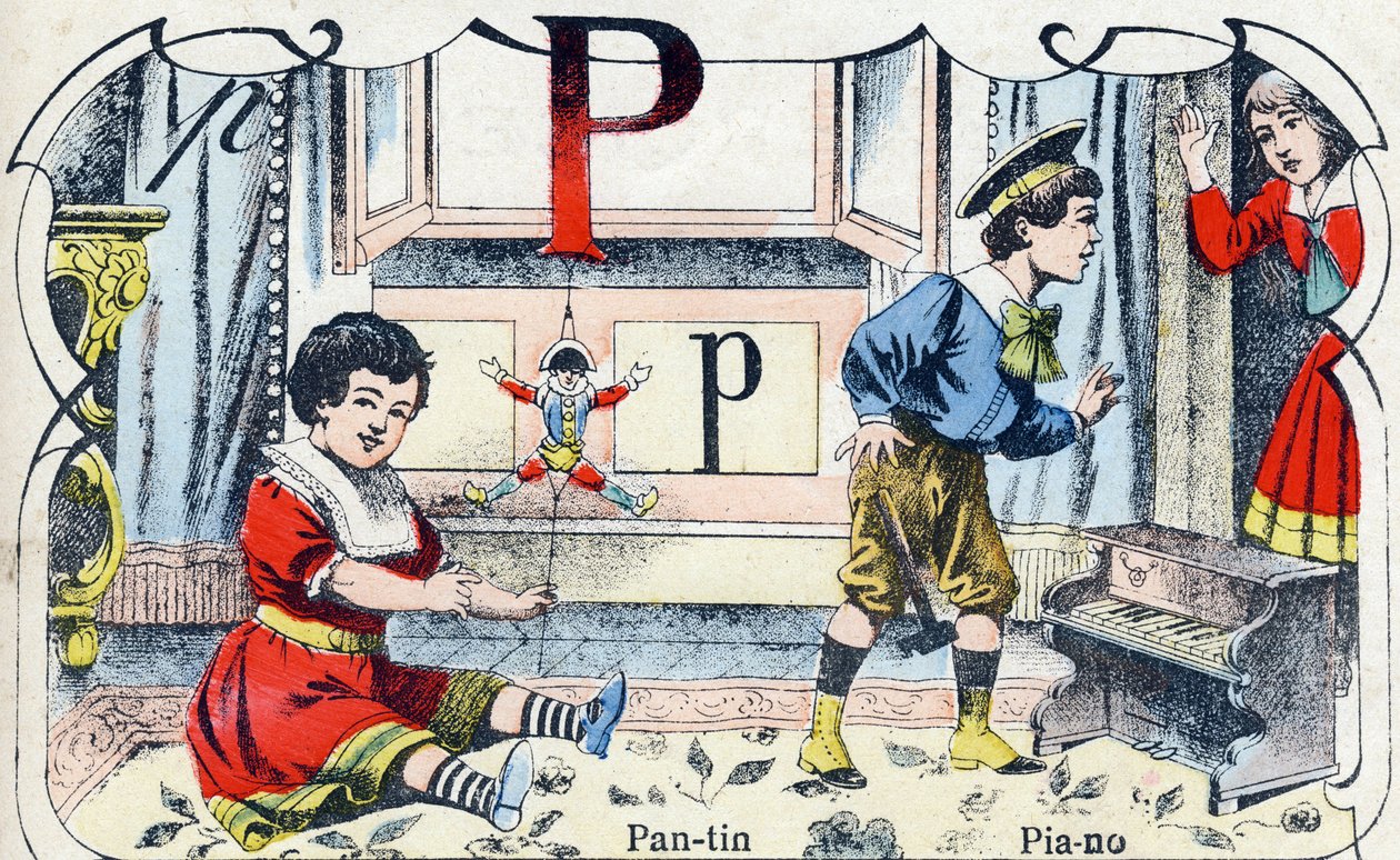 Letter P Pantin Piano.ABC des joux pour petits boys "のエングレーヴィング。ポン・ア・ムソンの画像化、Louis Vagne、印刷・出版業者、19世紀後半。寸法：32,5x25 cm 作： フランス語学校