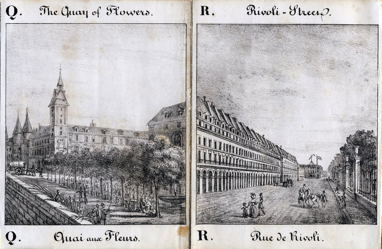 QとAの手紙花ドックとリヴォリ通り - "Alphabet Picturesque des Monumens de Paris" 1840年頃（エングレーヴィング） 作： フランス語学校